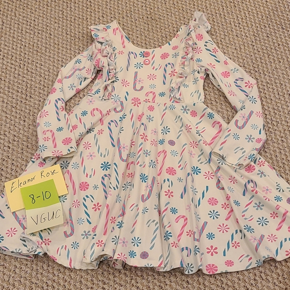 Eleanor Rose Festive Candy Cane Dress - Pink and Blue on White